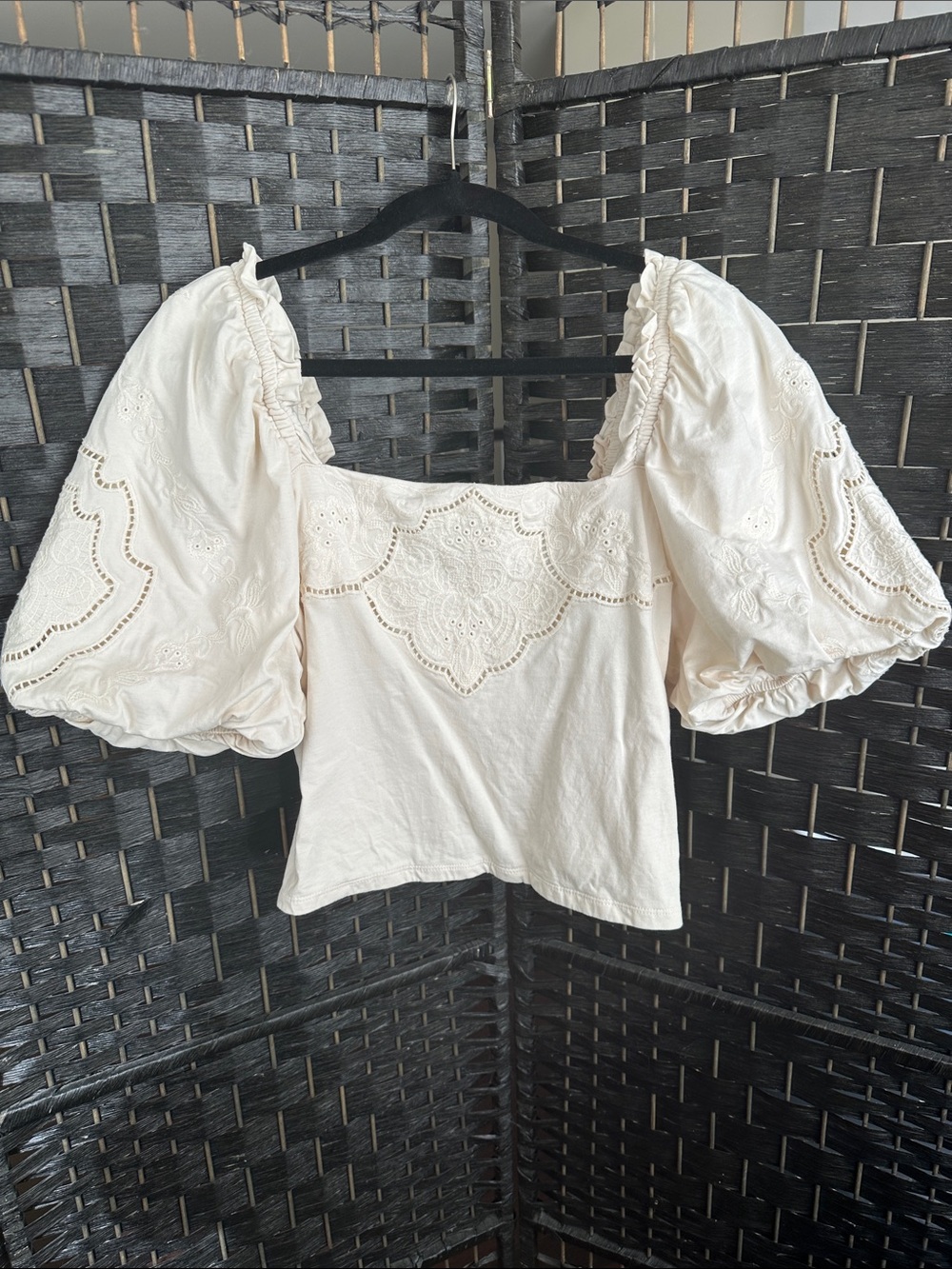 Express Cream Puff-Sleeve Eyelet Cotton Crop Top